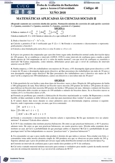 Vista previa de Examen PAU de Matemáticas CCSS de Galicia 2018 – Ordinaria