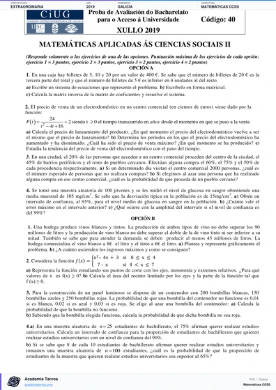 Vista previa de Examen PAU de Matemáticas CCSS de Galicia 2019 – Extraordinaria