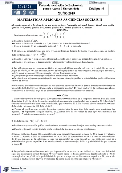 Vista previa de Examen PAU de Matemáticas CCSS de Galicia 2019 – Ordinaria