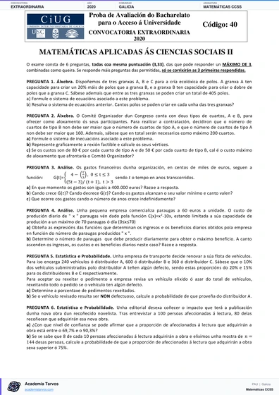 Vista previa de Examen PAU de Matemáticas CCSS de Galicia 2020 – Extraordinaria
