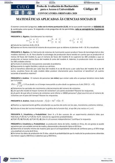 Vista previa de Examen PAU de Matemáticas CCSS de Galicia 2020 – Ordinaria