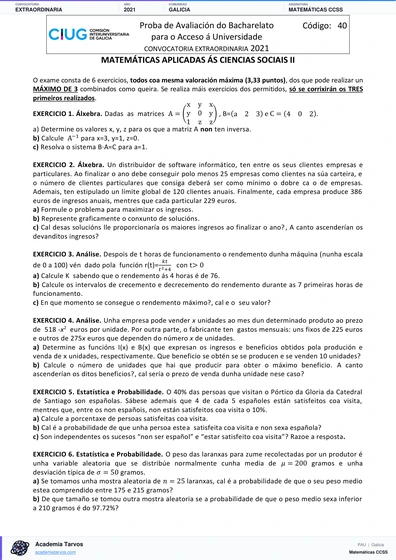 Vista previa de Examen PAU de Matemáticas CCSS de Galicia 2021 – Extraordinaria