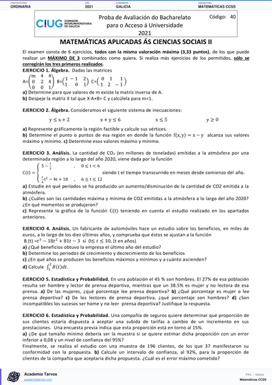 Vista previa de Examen PAU de Matemáticas CCSS de Galicia 2021 – Ordinaria