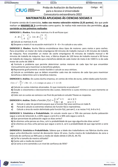 Vista previa de Examen PAU de Matemáticas CCSS de Galicia 2022 – Extraordinaria