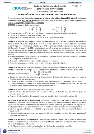 Vista previa de Examen PAU de Matemáticas CCSS de Galicia 2022 – Ordinaria
