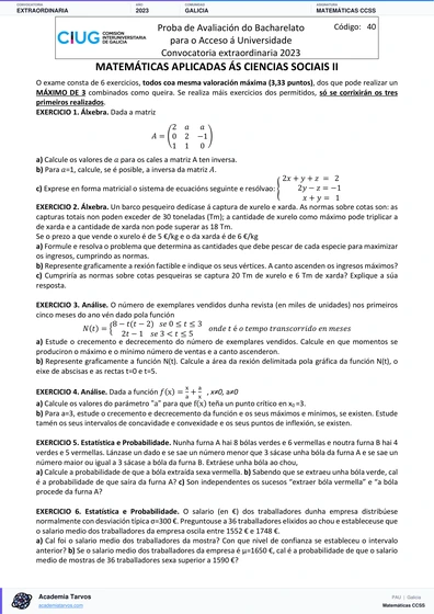 Vista previa de Examen PAU de Matemáticas CCSS de Galicia 2023 – Extraordinaria