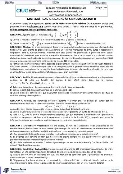 Vista previa de Examen PAU de Matemáticas CCSS de Galicia 2023 – Ordinaria