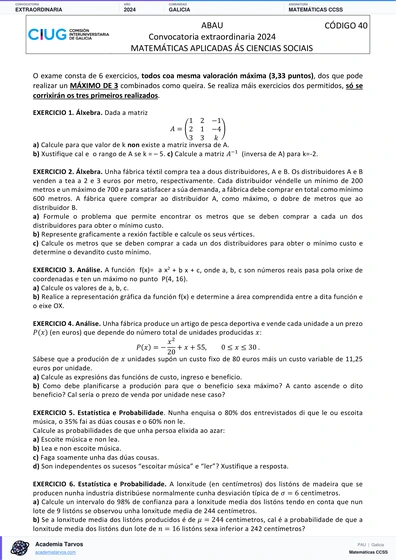 Vista previa de Examen PAU de Matemáticas CCSS de Galicia 2024 – Extraordinaria