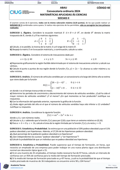 Vista previa de Examen PAU de Matemáticas CCSS de Galicia 2024 – Ordinaria