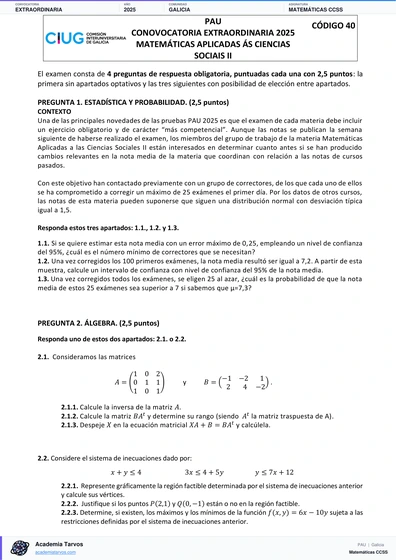 Vista previa de Examen PAU de Matemáticas CCSS de Galicia 2025 – Extraordinaria