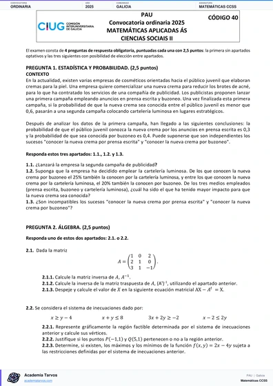 Vista previa de Examen PAU de Matemáticas CCSS de Galicia 2025 – Ordinaria