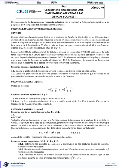 Vista previa de Examen PAU de Matemáticas CCSS de Galicia 2026 – Extraordinaria