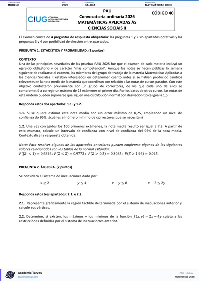 Vista previa de Modelo PAU de Matemáticas CCSS de Galicia 2026