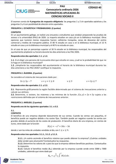 Vista previa de Examen PAU de Matemáticas CCSS de Galicia 2026 – Ordinaria