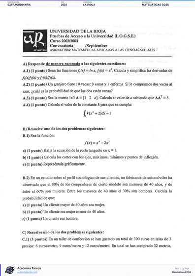 Vista previa de Examen PAU de Matemáticas CCSS de La Rioja 2003 – Extraordinaria
