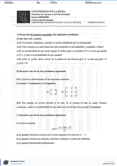 Vista previa de Examen PAU de Matemáticas CCSS de La Rioja 2004 – Ordinaria