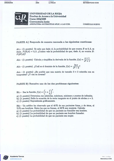 Vista previa de Examen PAU de Matemáticas CCSS de La Rioja 2005 – Ordinaria