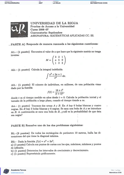 Vista previa de Examen PAU de Matemáticas CCSS de La Rioja 2007 – Extraordinaria