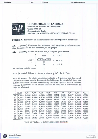 Vista previa de Examen PAU de Matemáticas CCSS de La Rioja 2007 – Ordinaria