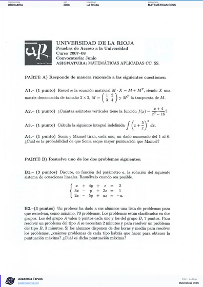 Vista previa de Examen PAU de Matemáticas CCSS de La Rioja 2008 – Ordinaria