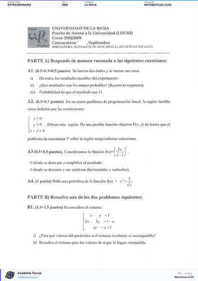Vista previa de Examen PAU de Matemáticas CCSS de La Rioja 2009 – Extraordinaria