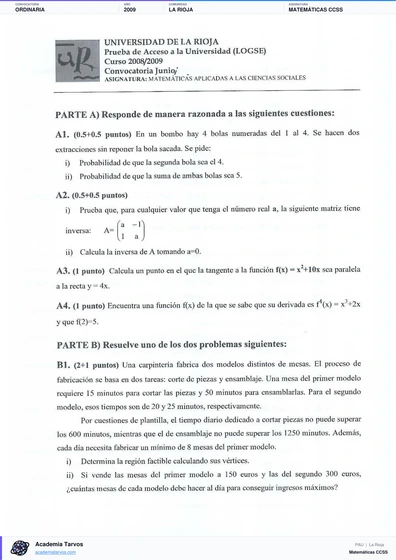 Vista previa de Examen PAU de Matemáticas CCSS de La Rioja 2009 – Ordinaria