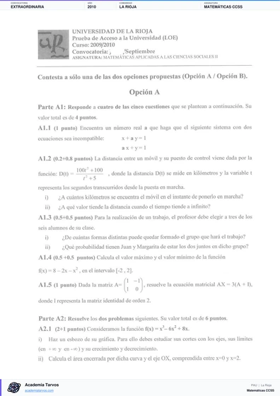 Vista previa de Examen PAU de Matemáticas CCSS de La Rioja 2010 – Extraordinaria