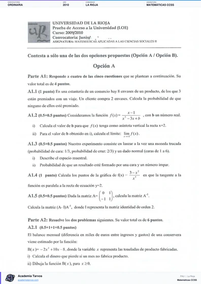 Vista previa de Examen PAU de Matemáticas CCSS de La Rioja 2010 – Ordinaria