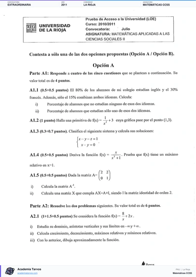 Vista previa de Examen PAU de Matemáticas CCSS de La Rioja 2011 – Extraordinaria