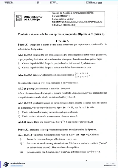 Vista previa de Examen PAU de Matemáticas CCSS de La Rioja 2011 – Ordinaria