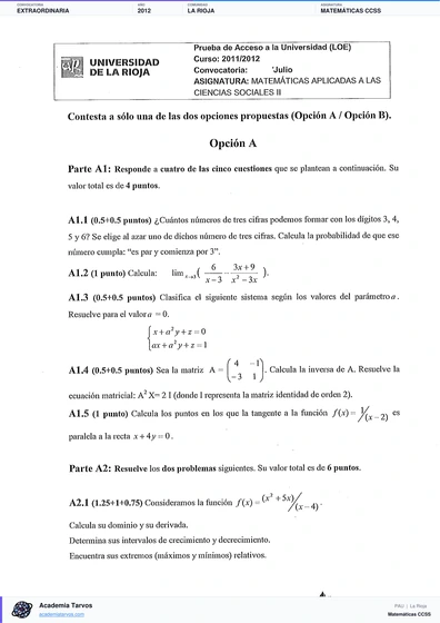 Vista previa de Examen PAU de Matemáticas CCSS de La Rioja 2012 – Extraordinaria