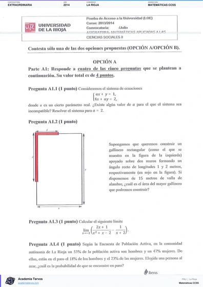 Vista previa de Examen PAU de Matemáticas CCSS de La Rioja 2014 – Extraordinaria