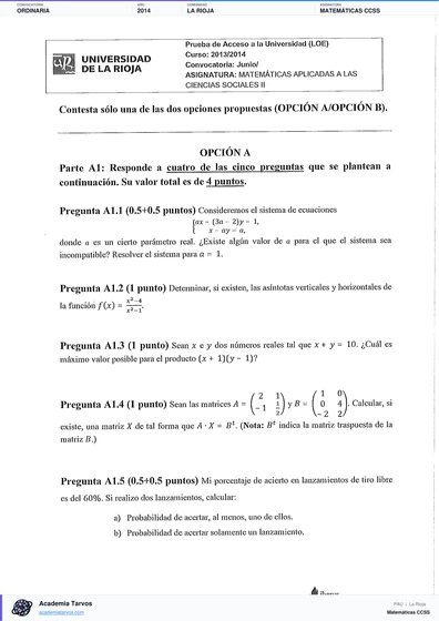Vista previa de Examen PAU de Matemáticas CCSS de La Rioja 2014 – Ordinaria