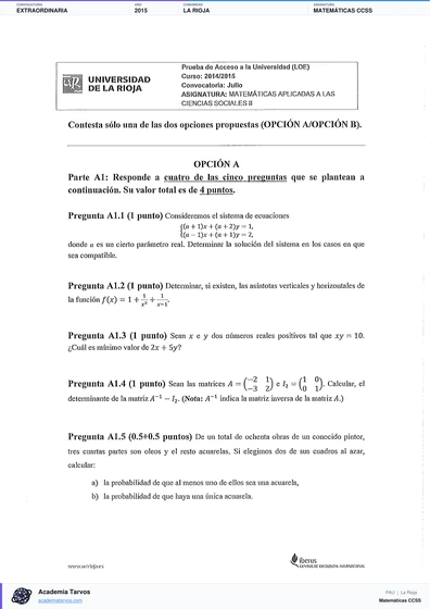 Vista previa de Examen PAU de Matemáticas CCSS de La Rioja 2015 – Extraordinaria