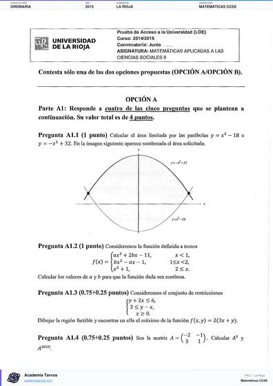 Vista previa de Examen PAU de Matemáticas CCSS de La Rioja 2015 – Ordinaria