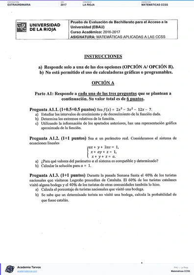 Vista previa de Examen PAU de Matemáticas CCSS de La Rioja 2017 – Extraordinaria