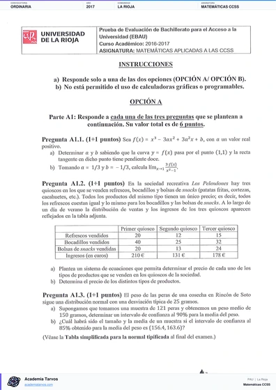 Vista previa de Examen PAU de Matemáticas CCSS de La Rioja 2017 – Ordinaria