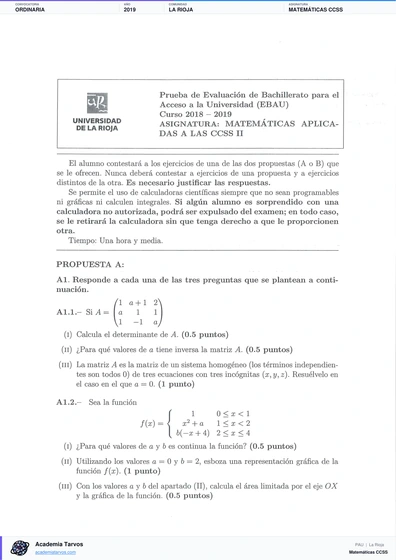 Vista previa de Examen PAU de Matemáticas CCSS de La Rioja 2019 – Ordinaria