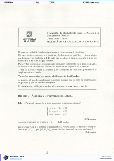 Vista previa de Examen PAU de Matemáticas CCSS de La Rioja 2022 – Ordinaria