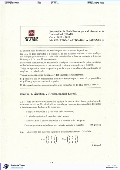 Vista previa de Examen PAU de Matemáticas CCSS de La Rioja 2023 – Extraordinaria