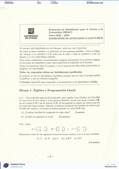 Vista previa de Examen PAU de Matemáticas CCSS de La Rioja 2023 – Ordinaria