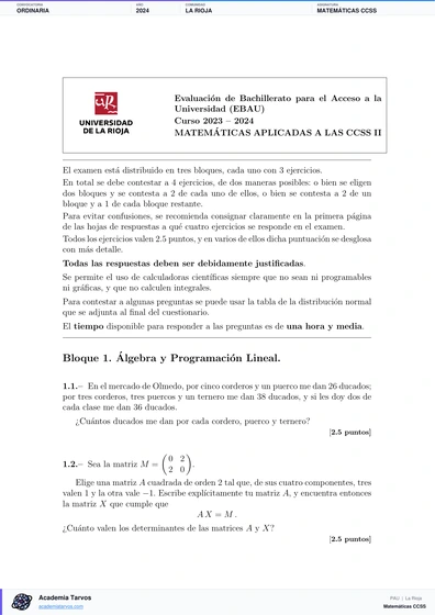 Vista previa de Examen PAU de Matemáticas CCSS de La Rioja 2024 – Ordinaria