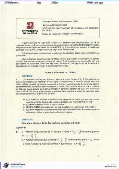 Vista previa de Examen PAU de Matemáticas CCSS de La Rioja 2025 – Extraordinaria