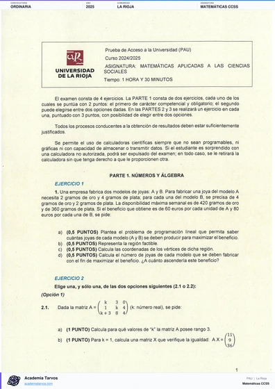 Vista previa de Examen PAU de Matemáticas CCSS de La Rioja 2025 – Ordinaria