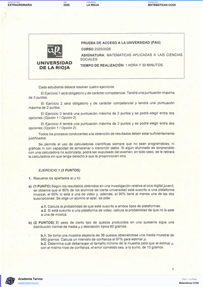 Vista previa de Examen PAU de Matemáticas CCSS de La Rioja 2026 – Extraordinaria