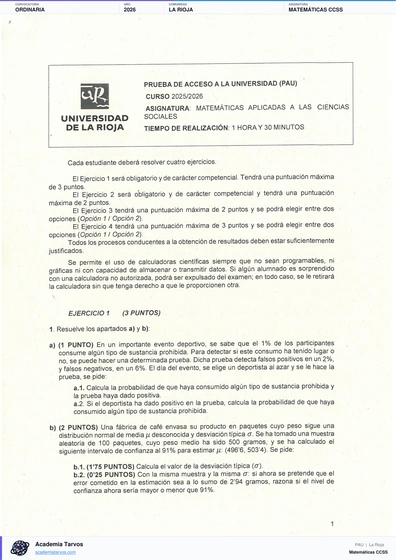 Vista previa de Examen PAU de Matemáticas CCSS de La Rioja 2026 – Ordinaria