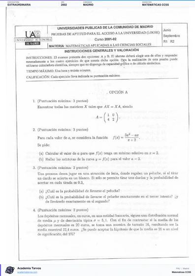 Vista previa de Examen PAU de Matemáticas CCSS de Comunidad de Madrid 2002 – Extraordinaria