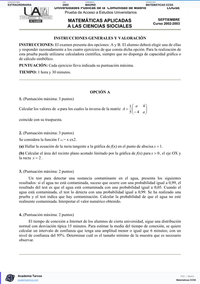 Vista previa de Examen PAU de Matemáticas CCSS de Comunidad de Madrid 2003 – Extraordinaria