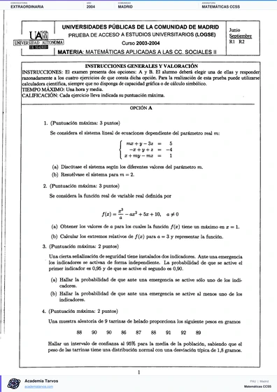 Vista previa de Examen PAU de Matemáticas CCSS de Comunidad de Madrid 2004 – Extraordinaria