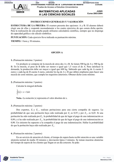 Vista previa de Examen PAU de Matemáticas CCSS de Comunidad de Madrid 2004 – Ordinaria